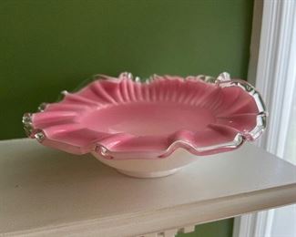 Vintage pink colored blown glass candy dish