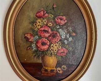 Oval floral oil on canvas by unknown