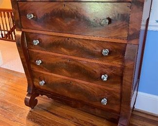 Antique High Boy Dresser with protective glass top & glass knobs

