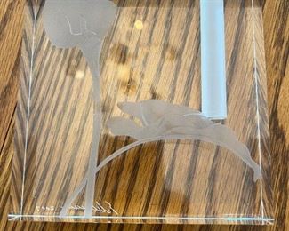 Etched glass flower holder made & signed by Stephen Schlanser
