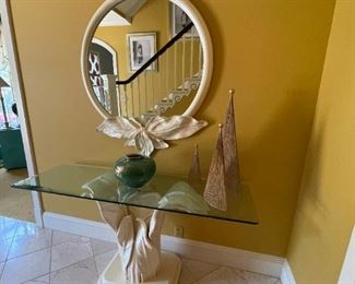 Contemporary Floral Glass Topped Table and Matching Mirror