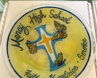 PEGGY KARR Glass Art Plate "Mercy High School"