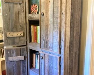 Rustic cabinet filled with cookbooks