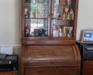Wooden Roll Top Desk with Wood and Glass Shelving