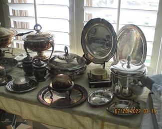 Silver plate Chafing dishes, platters, 