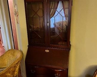 Secretary Desk by Jasper Cabinet - Vintage Cherry Wood Chippendale Style with Lighted Glass Display Bookcase Hutch