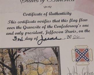 Certificate of authenticity Confederate flag President Jefferson Davis