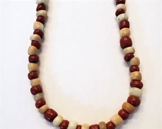 Trade bead necklace on cord with red greenheart and white padre beads. Provenance included: Descended in the family of Charles and Nathaniel Howard of San Francisco, Alamo, & Danville California, two brothers who came West from Wareham, Massachusetts in 1849 for the California Gold Rush.