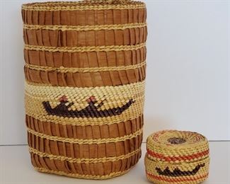 Makah Indian Woven Canoe Basket & Treasure Basket