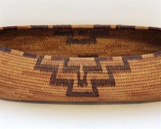 Exceptional Pomo Indian Boat Shaped Antique Basket. 9" long, 4 1/4" wide, and 2" deep. Very finely coiled.