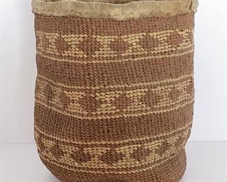 Antique Twined Klamath Indian Basket Leather Edge. Basket is 6 1/2" tall, and is flexible.