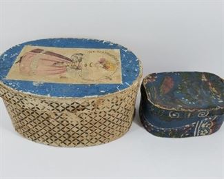 Early 19th century Swedish wallpaper boxes. The larger 7" x 4 1/2" x 3" box has a hand colored print of the Queen of Sweden and Norway, Eug. Bernh. Desideria (Eugenia Bernhardina Desideria, 1777-1860), wife of King Charles XIV. The smaller box measures 4 1/2" x 3" x 2". They are made of hand stitiched heavy paper and covered with hand made wallpaper.