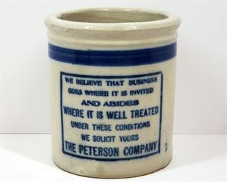 Red Wing Pottery beater jar with advertising for The Peterson Company