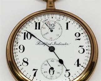 1910 Rockford Watch Company Model 655 pocket watch. The 21 jewel works are adjusted to 5 positions with up/down wind indicator. The watch is in a 16 size 20 year gold filled case. The works are engraved with the serial number 858,197, dating it to 1910. The watch is in running condition with some wear to the case.