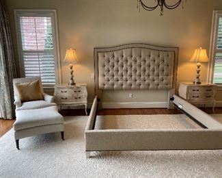 Vanguard king bed, linen arm chair/ottoman, matching glass top night stands & lamps