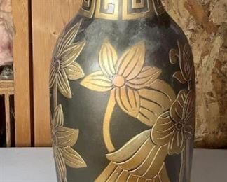 One (1) Asian inspired vase, black with gold floral design, numbers painted on bottom, chips in various places, see photos for details, H 24" x W 8".