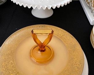 Fenton milk glass Spanish Lace cake stand