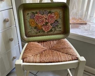 2 of 4 white Pottery Barn chairs w/woven seats