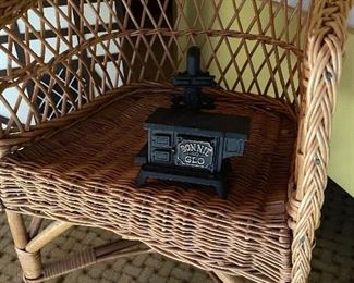 Wicker chair, toy cast iron cook stove