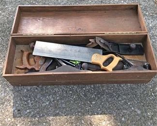 Carpenters Tools wVintage Wood Tool Box 