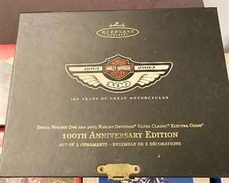 "Harley-Davidson" 100th Anniversary Edition. Set of 2 Ornaments in wooden box, 2003.