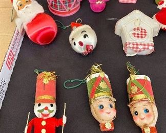 Vintage Christmas Ornaments, Flocked Felt Toy Soldier, Japan Toy Soldier, Flocked Elephant, etc.