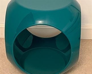 Dark Teal Modern Style Glossy Side Table in good condition with light wear including some slight surface scratches. Measures about 17" x 16" 