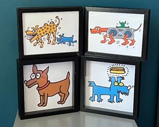 Five Framed Whimsical Canine Pop Art Style Prints with slight wear to the frames. Two measuring at 10" x 8" and one at 10" x 10" 