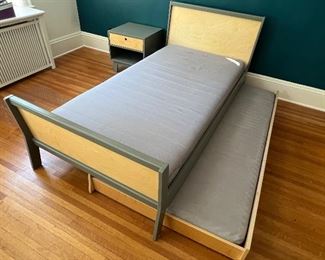 oeuf Sparrow Twin Trundle Bed in good condition with some wear including slight dings on the headboard. The winning bidder can choose to take the quality mattresses if they would like. 

The headboard measures about about 41" long. 

The nightstand measures 19" x 19" x 20" 