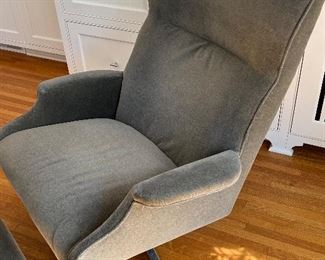 Room and Board Beau Chair in Vick Graphite and Coordinating Ottoman. Items in good condition with light wear. The ottoman appears to have a mark from a stain being scrubbed out. The ottoman measures 24" x 20" 