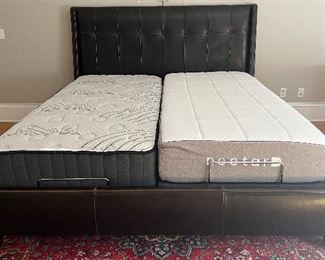 Crate and Barrel Archer King Bed Frame. Inspired by a 40's era Hollywood slipper chair, Archer's marquee-worthy good looks combine clean lines with subtle "wings" on the headboard and a single trim row of button-tufted detailing. Durable leather, with a protective coating, in a deep browns with warm caramel accents at the seams for a more textured, aged look. Tapered wood legs have a cognac finish. Generous, self-welted and seamed raises and footboard make the mattress appear to float. 

The winning bidder can choose to take the quality twin mattresses by "Nectar" and "Idle Sleep"which comes with an adjustable base with remote control access. The adjustable base does not have to be used if that is not your preference. The adjustable individual twin mattresses has an adjustable frame allowing the user to adjust head and feet height. Additionally, it has a massage feature! 
