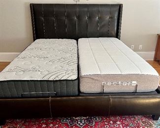 Crate and Barrel Archer King Bed Frame. Inspired by a 40's era Hollywood slipper chair, Archer's marquee-worthy good looks combine clean lines with subtle "wings" on the headboard and a single trim row of button-tufted detailing. Durable leather, with a protective coating, in a deep browns with warm caramel accents at the seams for a more textured, aged look. Tapered wood legs have a cognac finish. Generous, self-welted and seamed raises and footboard make the mattress appear to float. 
The winning bidder can choose to take the quality twin mattresses by "Nectar" and "Idle Sleep"which comes with an adjustable base with remote control access. The adjustable base does not have to be used if that is not your preference. The adjustable individual twin mattresses has an adjustable frame allowing the user to adjust head and feet height. Additionally, it has a massage feature! 