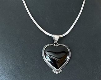 Sterling Silver Italy Omega Chain 16" With A Onyx And Sterling Silver Heart Pendant  Total Weight 