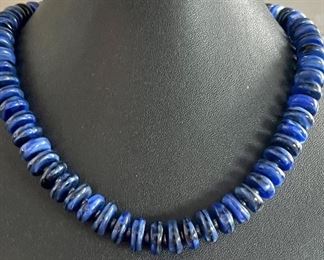 Vintage Glass Blue Marbleized Disk Bead 15" Necklace 