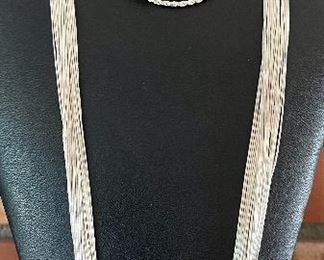 (3) Necklaces- (2) Silver Tone Rope Chain And (1) Sterling Silver Multi Strand Liquid Bead Coldwater Creek