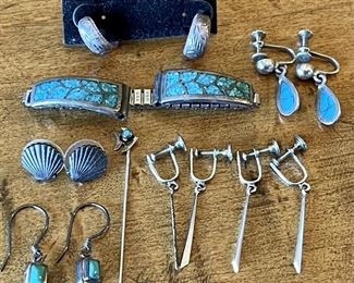 Jewelry Lot - Turquoise Inlay Band, Sterling Silver Earrings, Sterling Silver Fish Stick Pin, And KEM Earrings