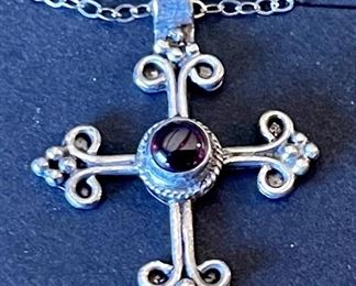 Sterling Silver Budding Cross Pendant Silver Wire Work Design With Red Garnet Center Nepal 18" 