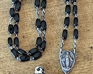 Shrine Of The Little Flower Souvenir Rosary Royal Oak, Michigan With Black Glass Beads 24"