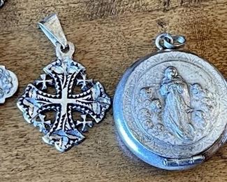 (4) Religious Pendants - (1) Locket, (3) Sterling Silver, Cross Is Silver Tone