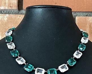 Sterling Silver Open Back Bezel Set Green And Clear Crystal Faceted Stone Necklace 15" 