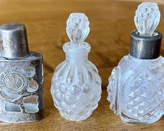 (3) Vintage Crystal And Sterling Silver Perfume Bottles (2) With Stoppers And (1) With Sterling Lid