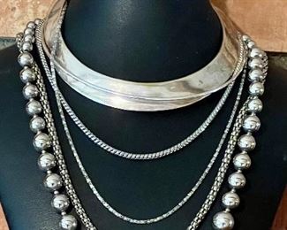 Lot Of Silver Tone Necklaces - Choker From India, Chains, Ball Bead, And More