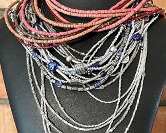 (3) Multistrand Bead And Metal Necklaces - Silver Tone And Colored Bead - Chicos, Coldwater Creek