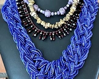 Collection Of Seed Bead And Stone Necklaces - Woven Blue Seed Bead, Chicos Bead, Stone Necklace, And More