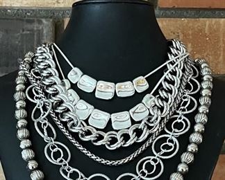 (5) Vintage Silver Tone Necklaces - Round Bead, Byzantine Chicos, Link Chain, And More