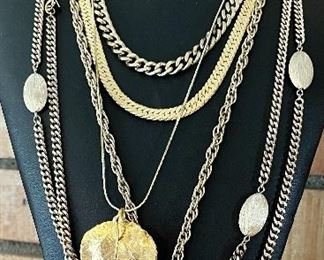 Collection Of Vintage Gold Tone Necklaces - Chains, Pendants, Gold Leaf, Monet, And More