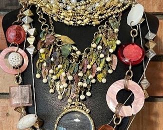 Lot Of Mid-century Modern Statement Necklaces - Gold Tone, Plastic And Glass Bead, Faux Pearl, And More
