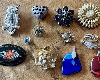 Vintage Collection Of Designer Pins And Pendants - Benedikt NY, Art Glass, Tole Painted, Trifari, And More