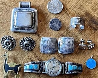 Jewelry Lot - Sterling Silver & Silver Tone Earrings, Stirling And Turquoise Watch, Chicos Pendant, And More  