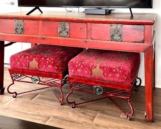 Red painted multi-purpose table 6'5"W x 27" D x 3'3" T from Richard Honquest and 2 matching wrought iron ottomans w/sea glass medallion in the center - sold separately